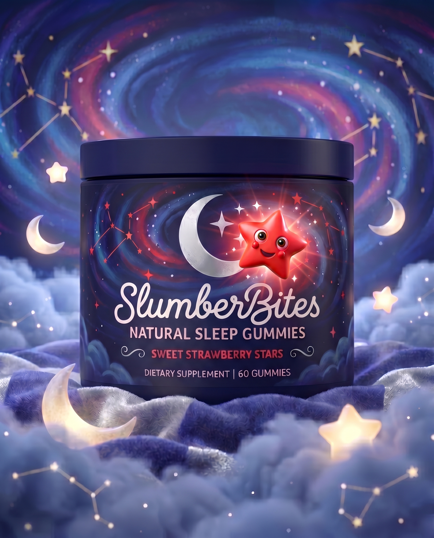 SlumberBites natural sleep gummies container with celestial design on a starry night background