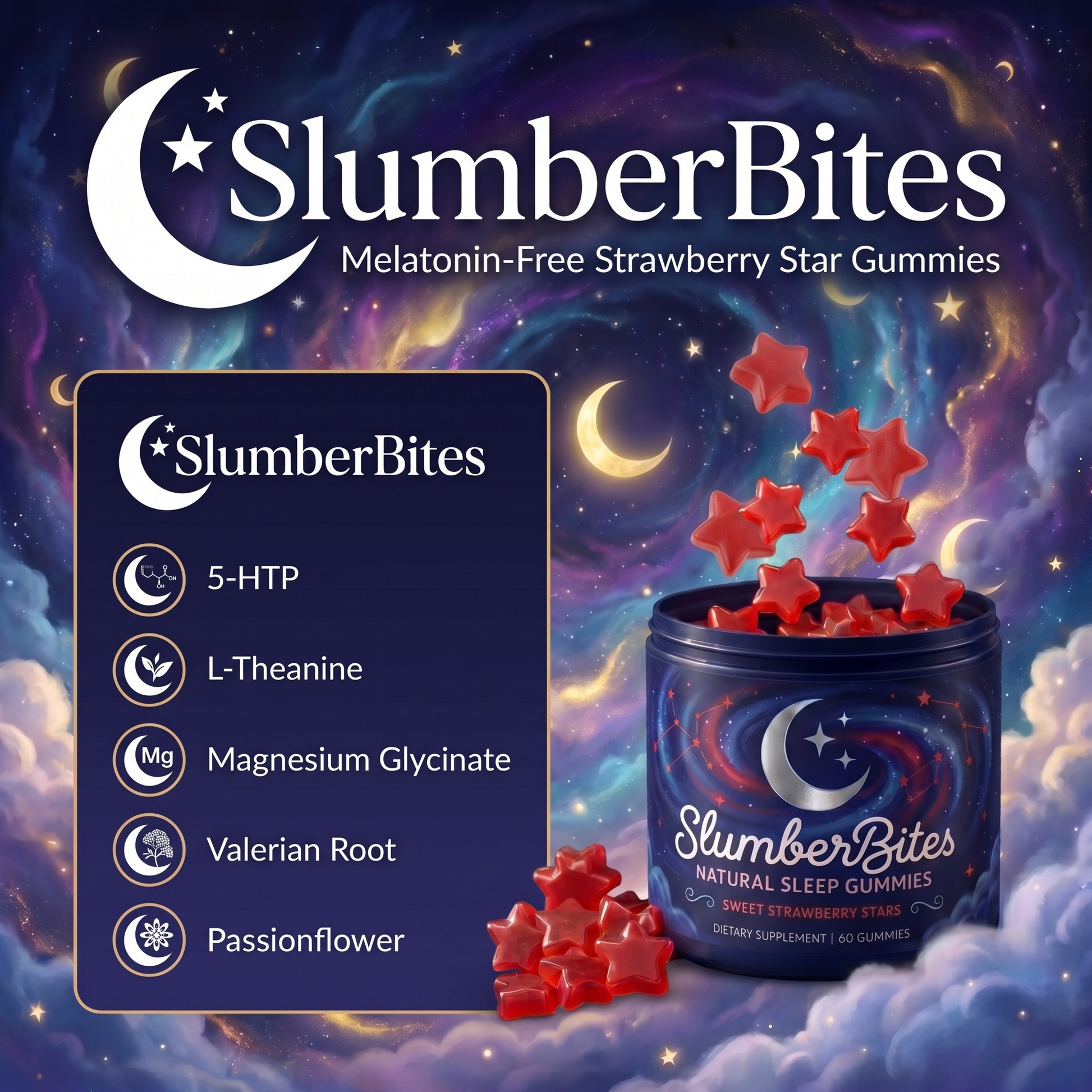 SlumberBites gummy with starry night design and ingredient list.
