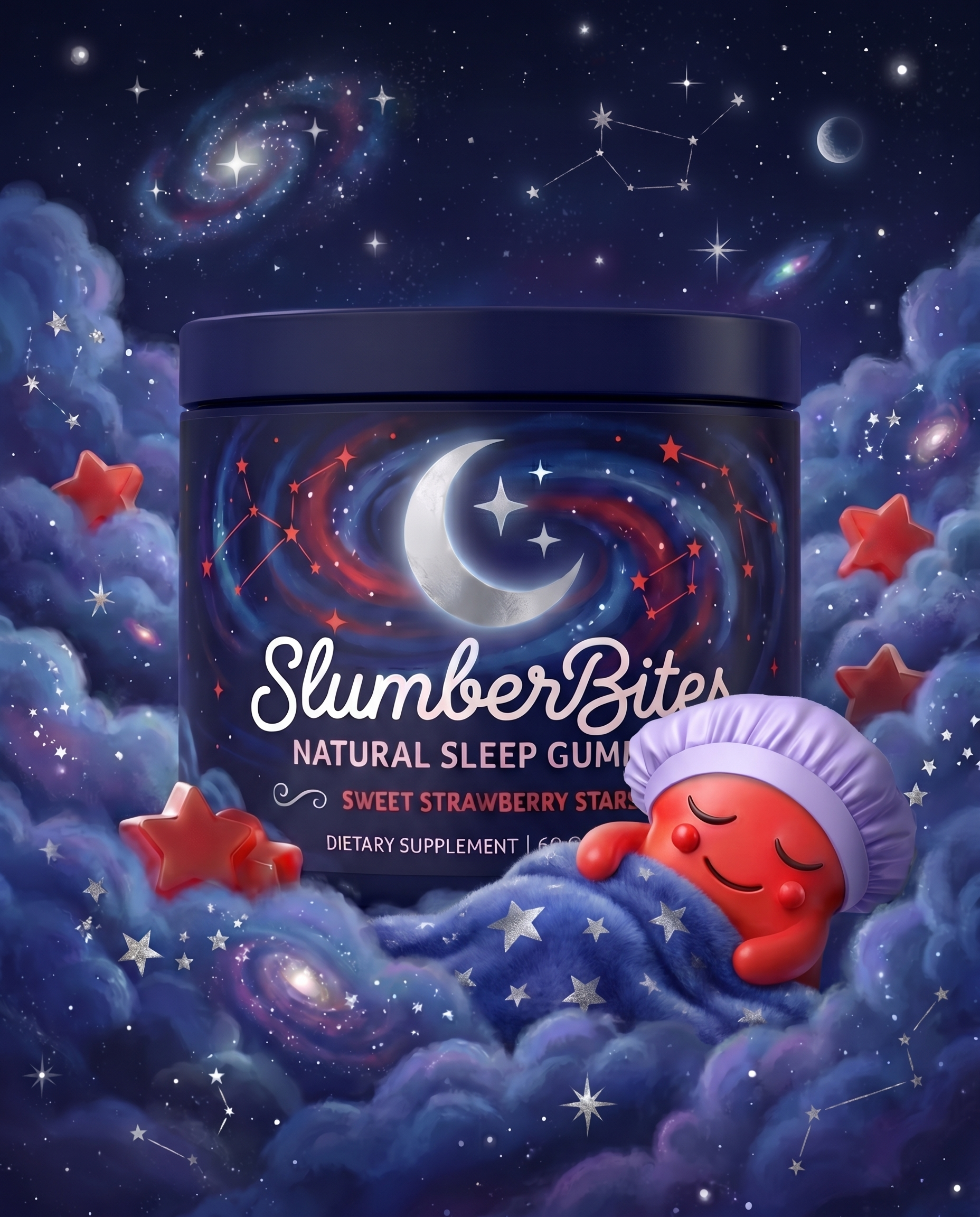 SlumberBites natural sleep gum packaging with a starry night design