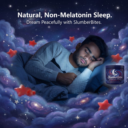 Man sleeping peacefully with stars and clouds in the background, next to a container of SlumberBites.