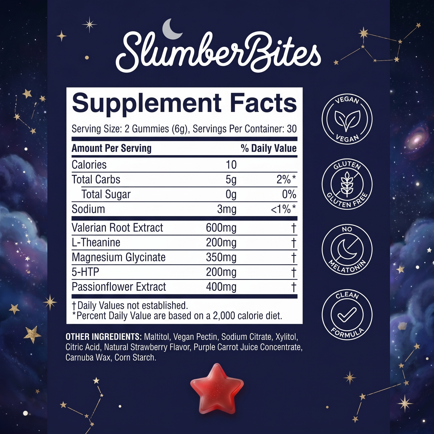 SlumberBites Strawberry Star Gummies — Melatonin-Free Sleep Support